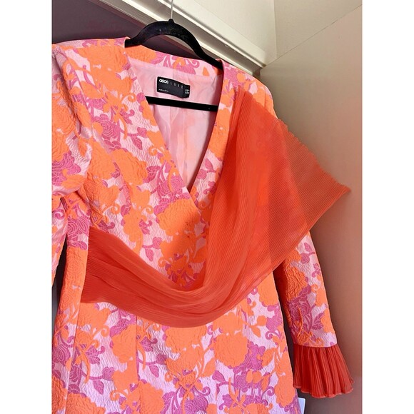 NWT ASOS LUXE Floral Jacquard Plunge Blazer Dress Chiffon Sash Cuffs Sz 8 - Picture 4 of 16